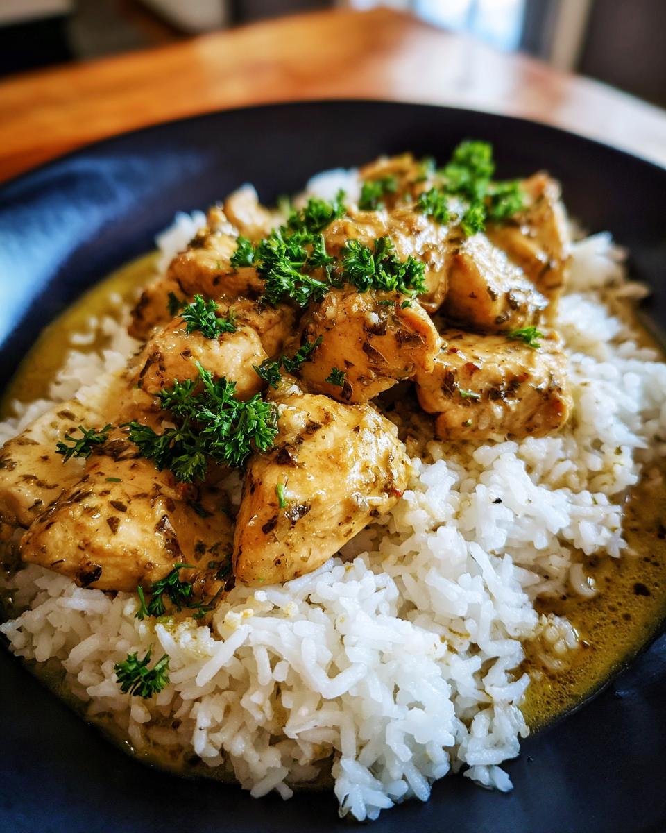 Close-up of succulent garlic butter chicken pieces served over fluffy white rice, garnished with fresh parsley.