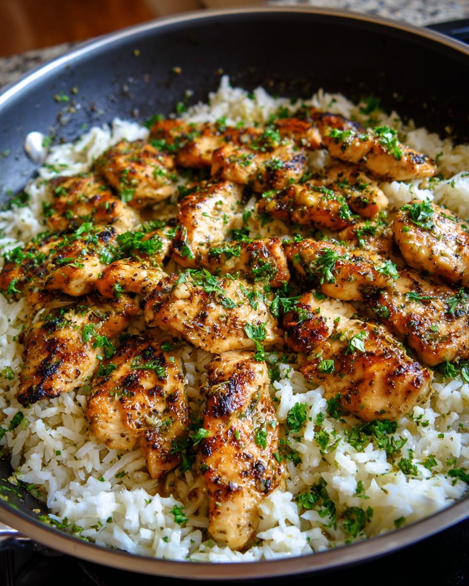 Close-up of juicy garlic butter chicken pieces served over fluffy white rice, garnished with fresh parsley.