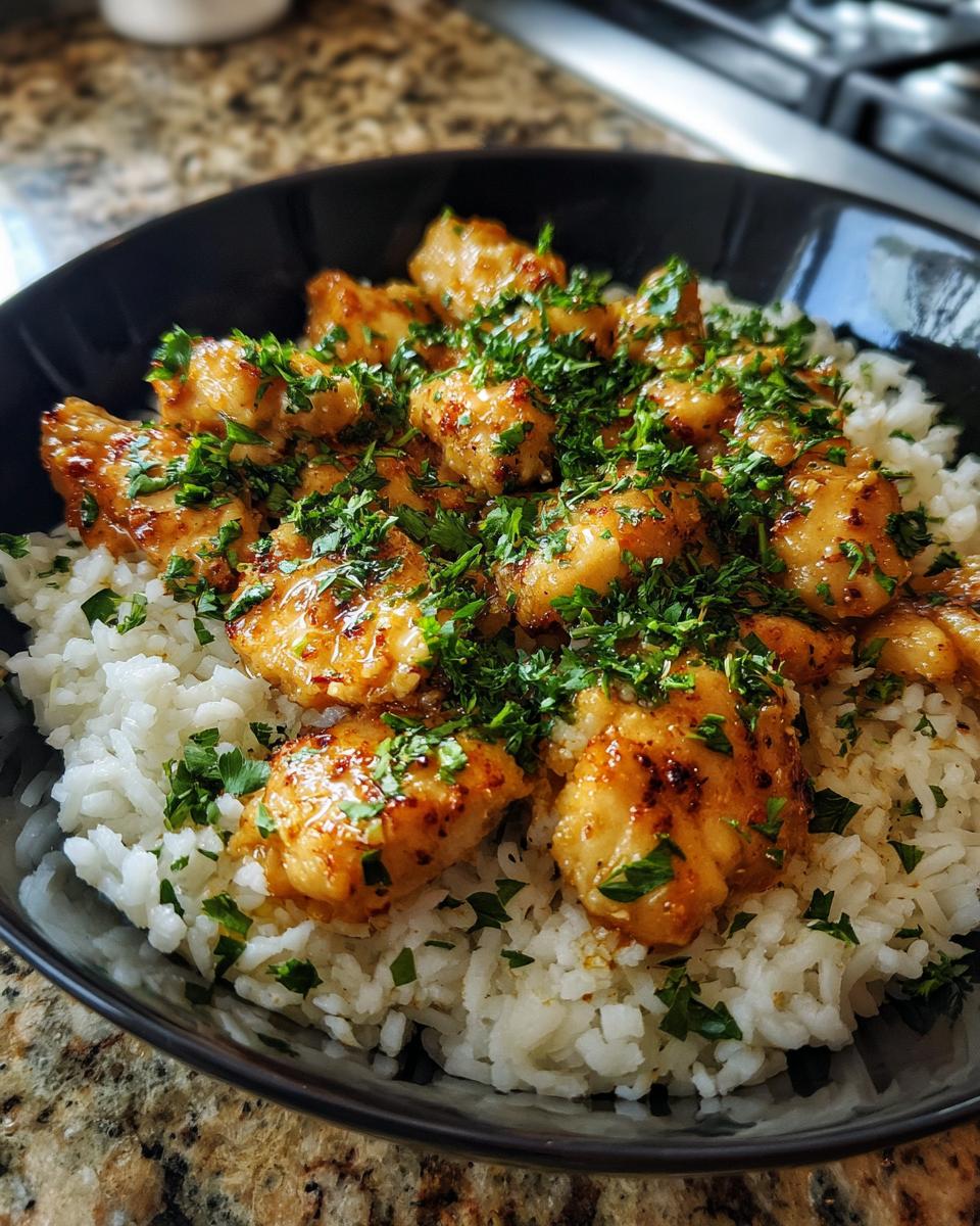 A close-up of a bowl filled with white rice and topped with glistening garlic butter chicken pieces, garnished with fresh parsley. An easy dinner recipe.