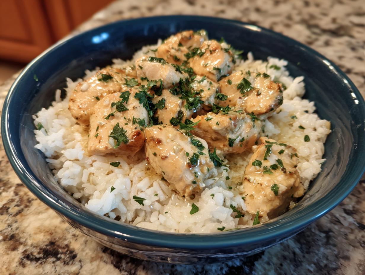 A bowl of fluffy white rice topped with tender pieces of garlic butter chicken and garnished with fresh parsley. Perfect for easy dinner recipes.