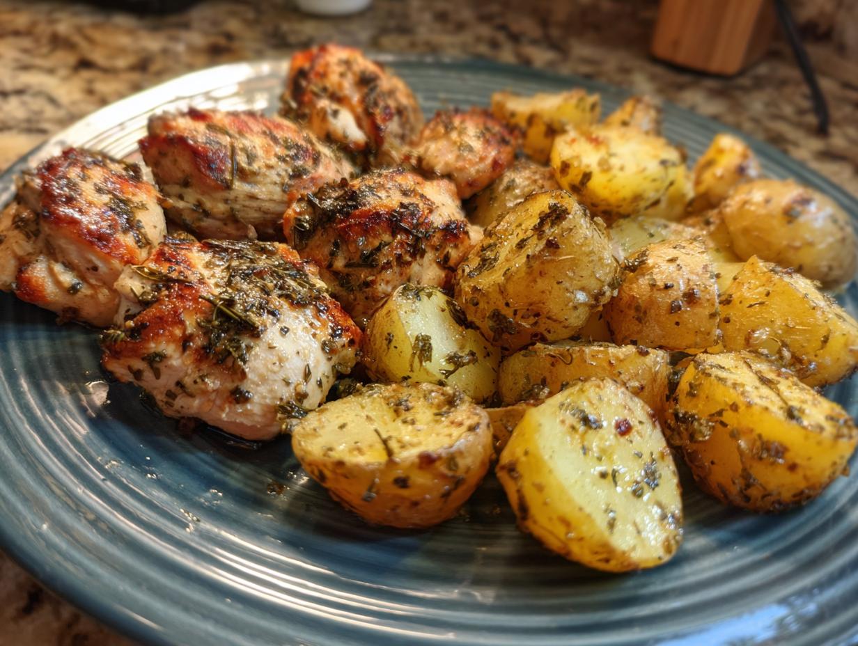 A plate of golden brown roasted chicken breast pieces and seasoned potatoes, seasoned with herbs.