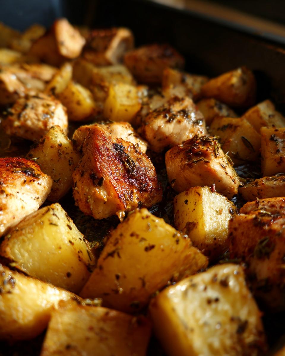 Close-up of baked Garlic Ranch Chicken and Potatoes, with golden-brown chicken pieces and roasted potato wedges seasoned with herbs.