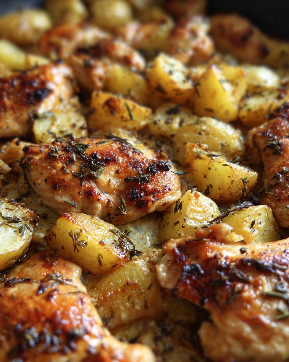 Close-up of golden-brown garlic ranch chicken breast pieces and roasted potato wedges, seasoned with herbs.