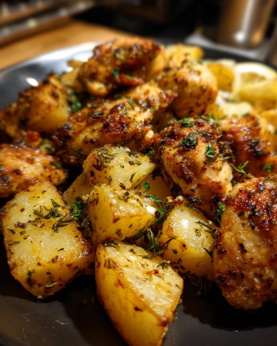 Close-up of golden-brown roasted chicken breast pieces and potato wedges seasoned with herbs.