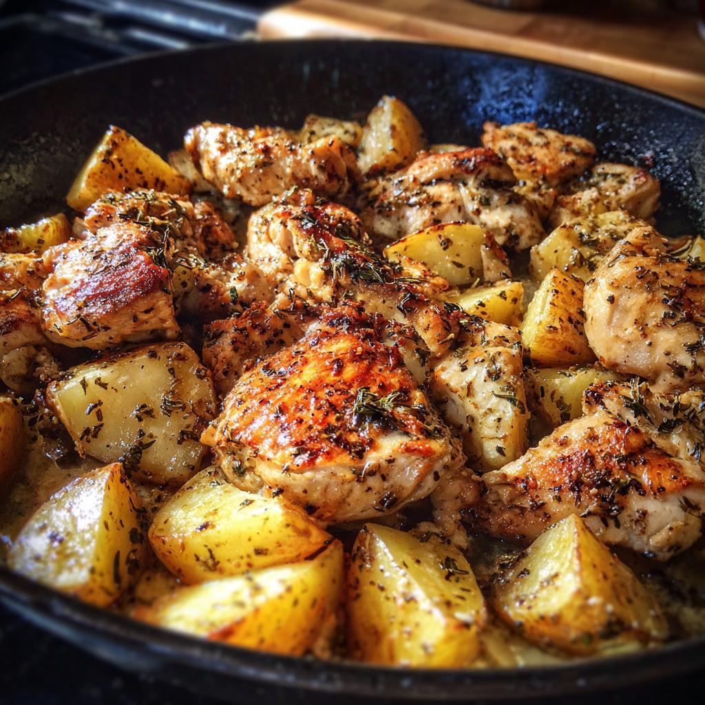 Close-up of golden-brown garlic ranch chicken pieces and roasted potatoes in a black skillet, seasoned with herbs.