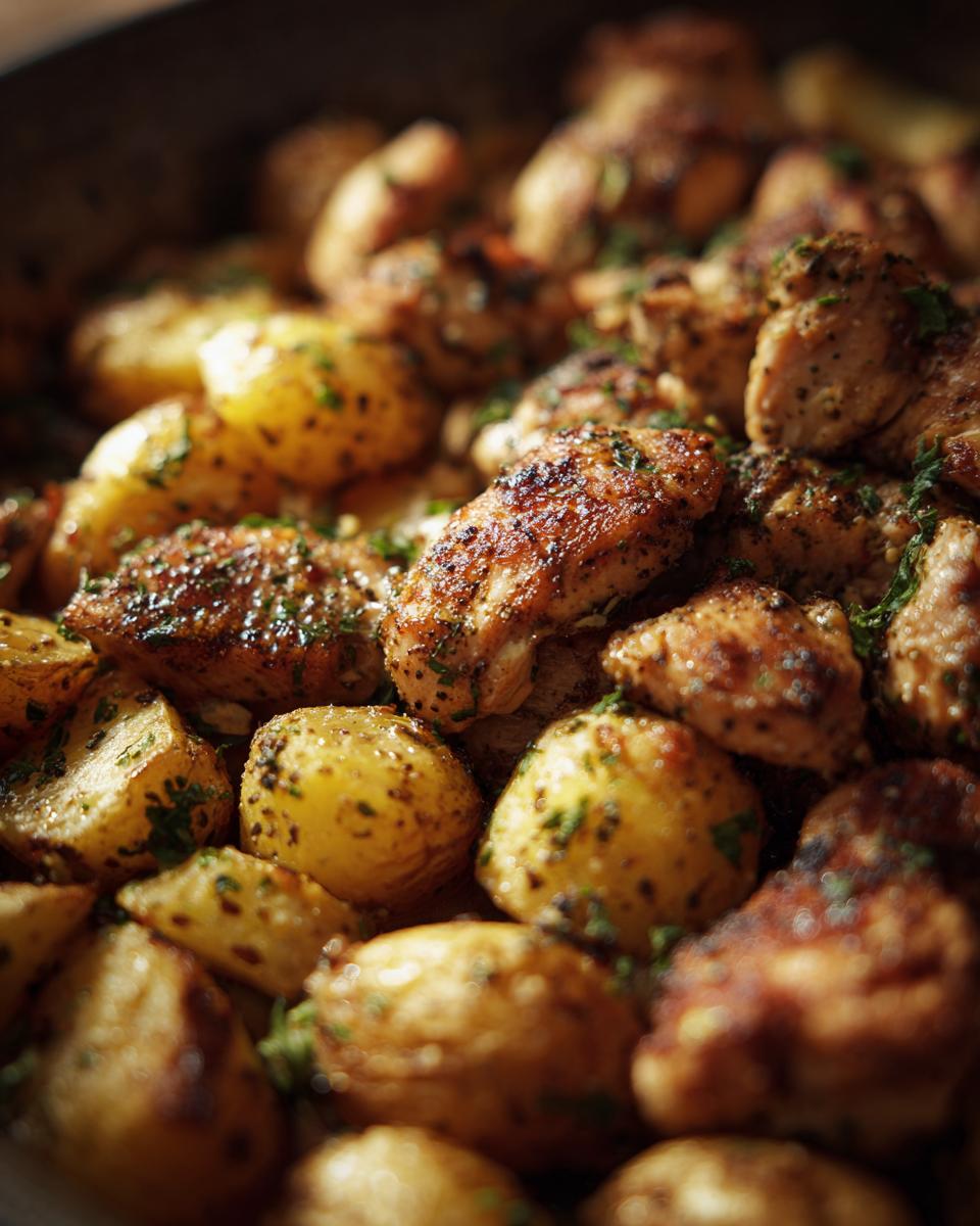 Close-up of roasted Garlic Ranch Chicken and Potatoes, seasoned with herbs.