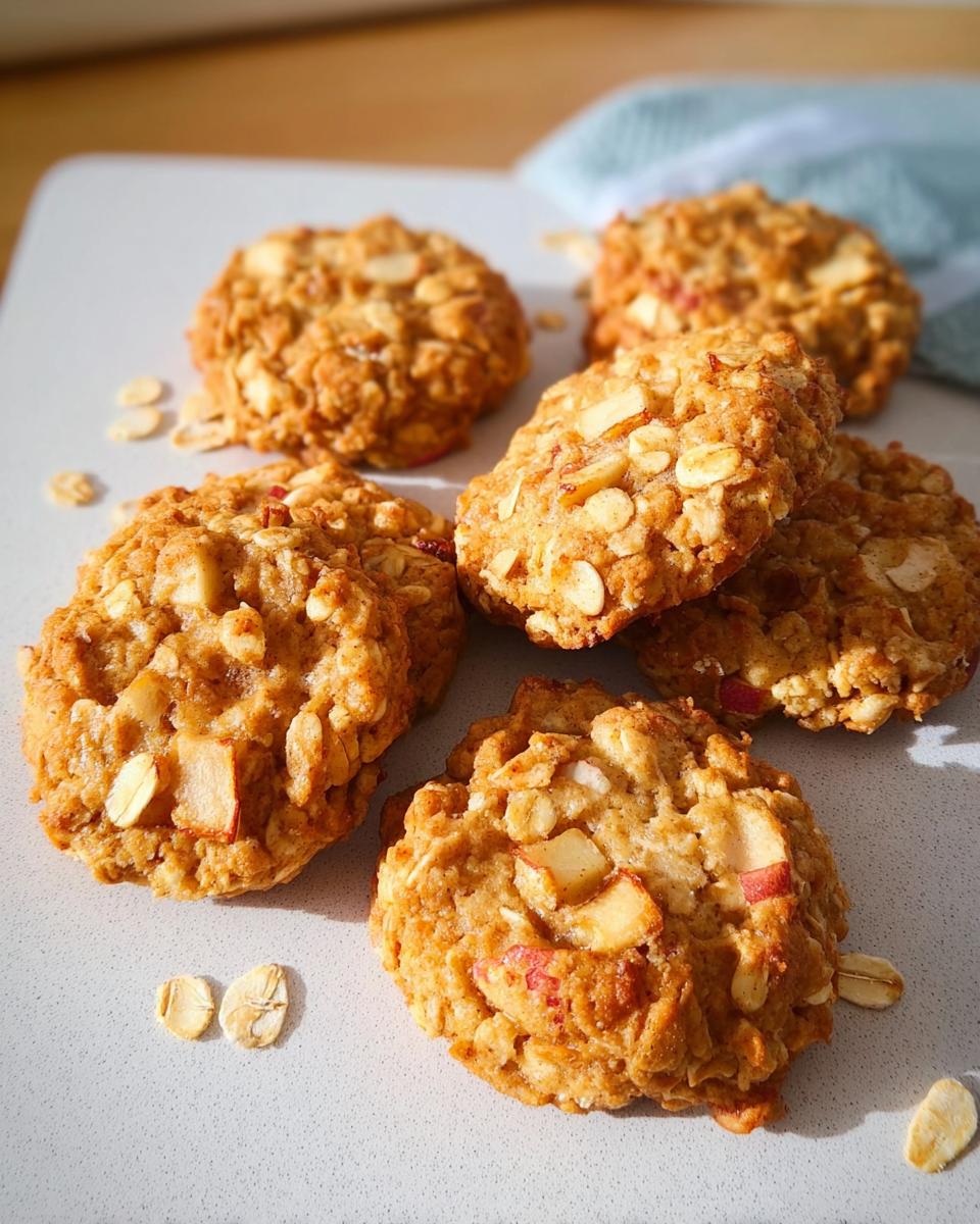 Close-up of freshly baked Gesunde Apfel-Hafer-Kekse (healthy apple oat cookies) with visible apple chunks and oats.