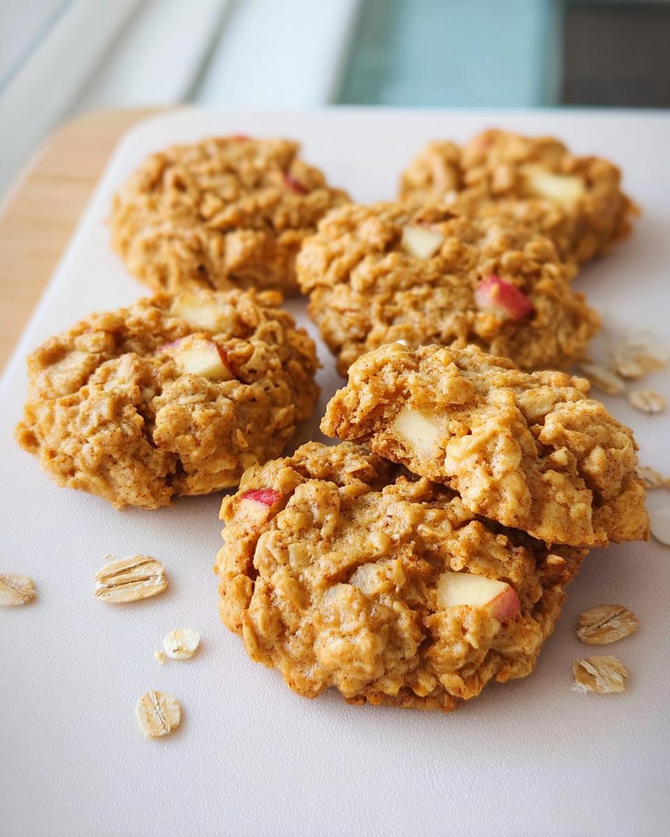 Close-up of freshly baked Gesunde Apfel-Hafer-Kekse (healthy apple oat cookies) with visible apple chunks and oats.