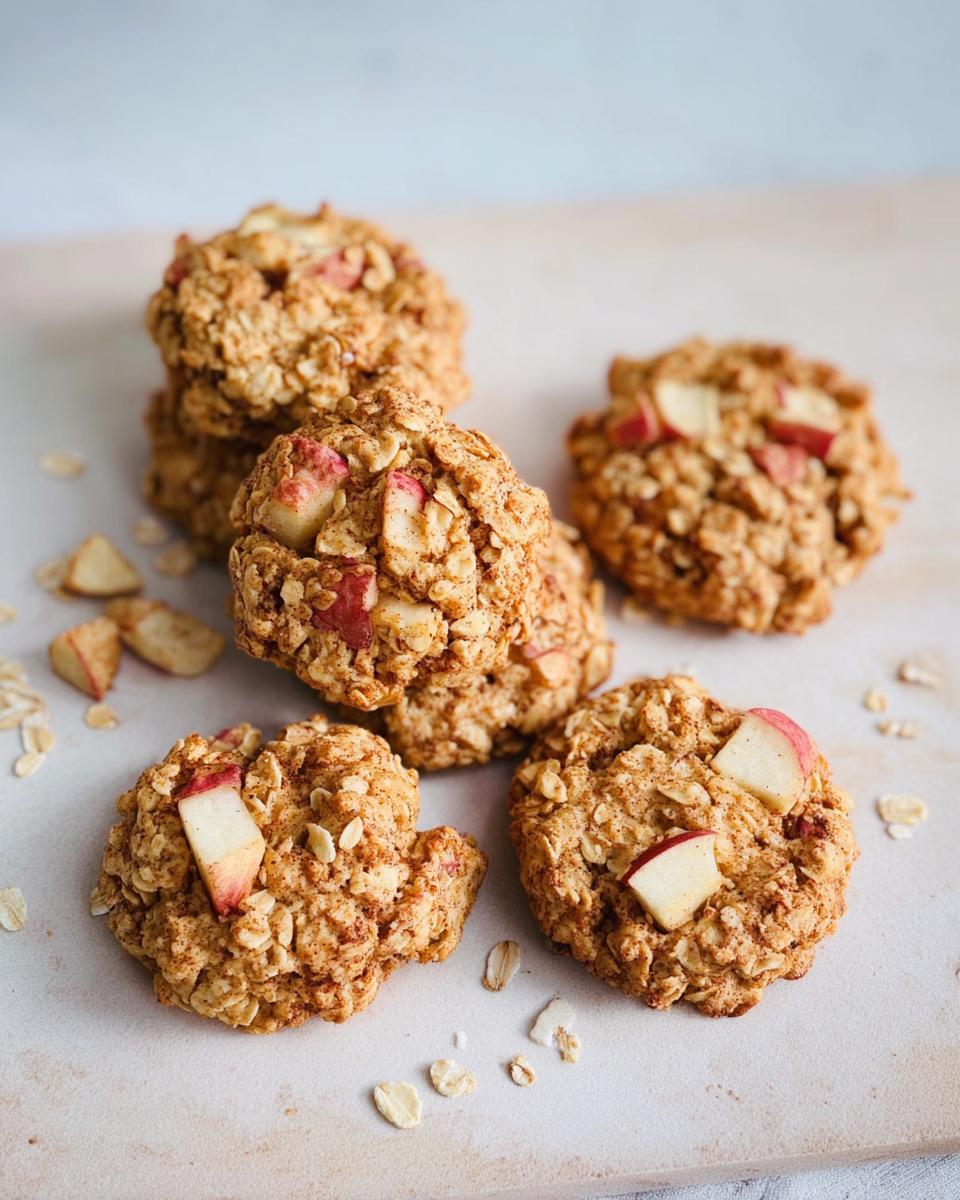 Close-up of delicious Gesunde Apfel-Hafer-Kekse (healthy apple oat cookies) with visible apple pieces and oats.
