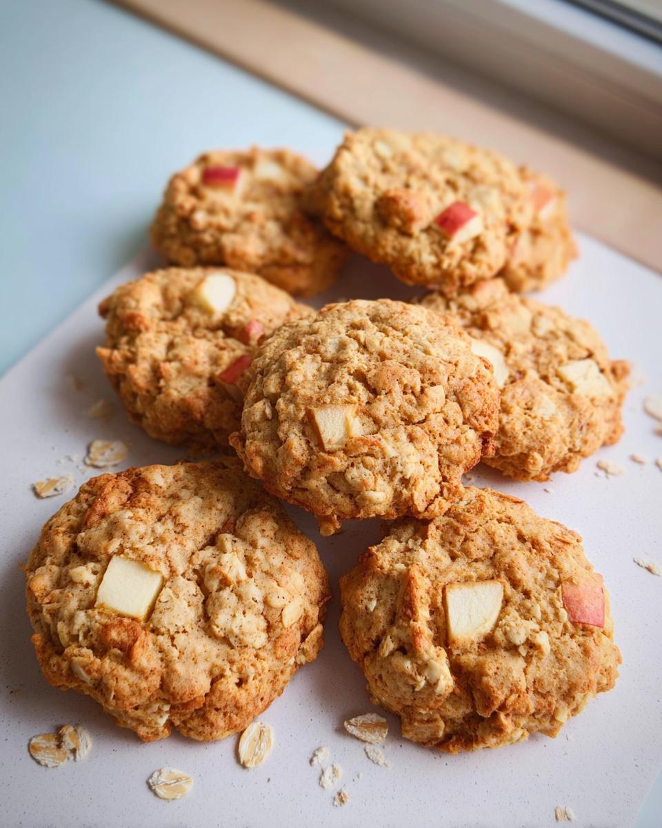 A pile of freshly baked Gesunde Apfel-Hafer-Kekse (healthy apple oat cookies) with visible chunks of apple and oats.