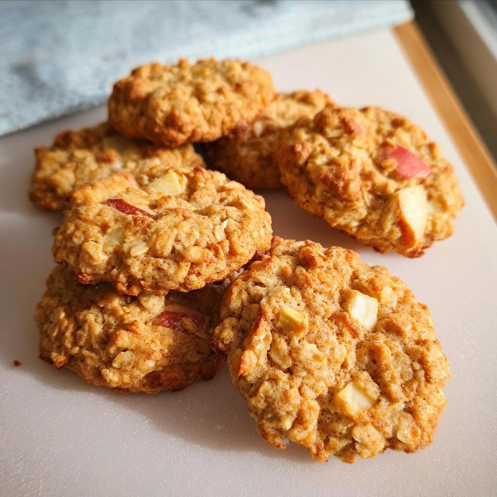 A close-up of freshly baked Gesunde Apfel-Hafer-Kekse (Healthy Apple Oat Cookies) with visible apple chunks and oats.