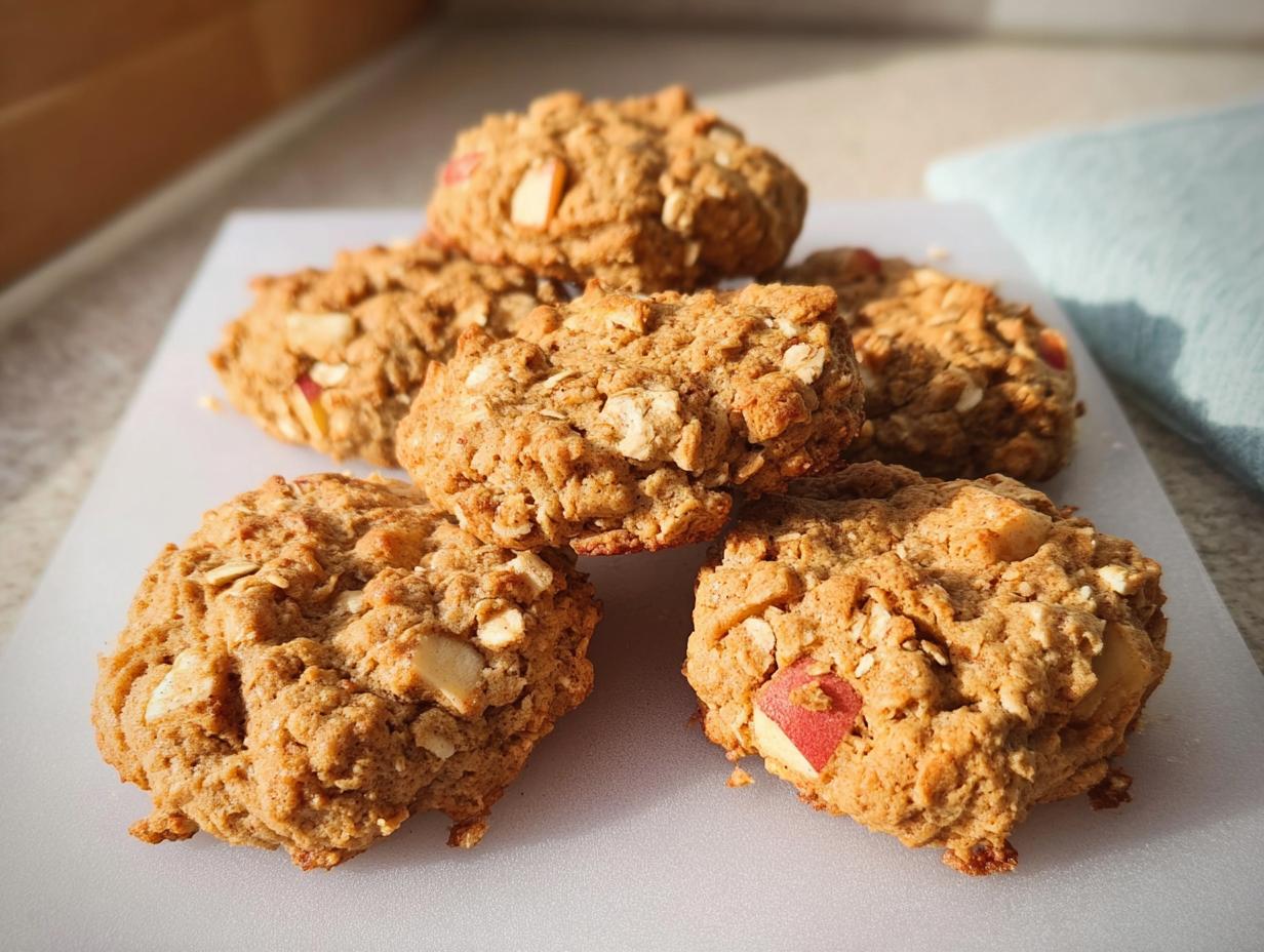 A pile of freshly baked Gesunde Apfel-Hafer-Kekse (healthy apple oat cookies) with visible chunks of apple.