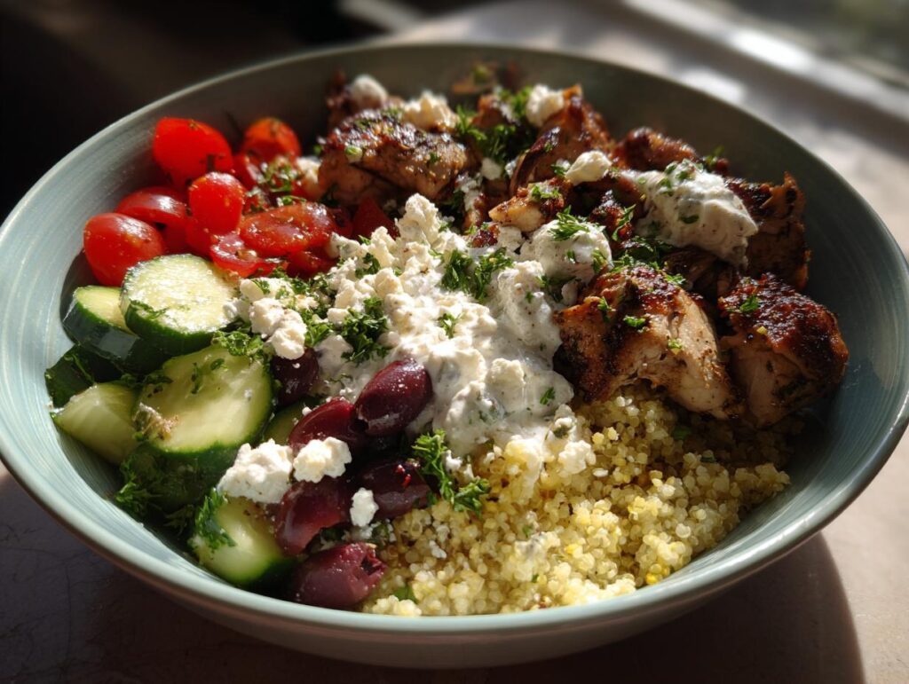 A vibrant Greek chicken bowl with grilled chicken, quinoa, cucumbers, tomatoes, olives, and feta cheese, perfect for healthy lunch ideas.