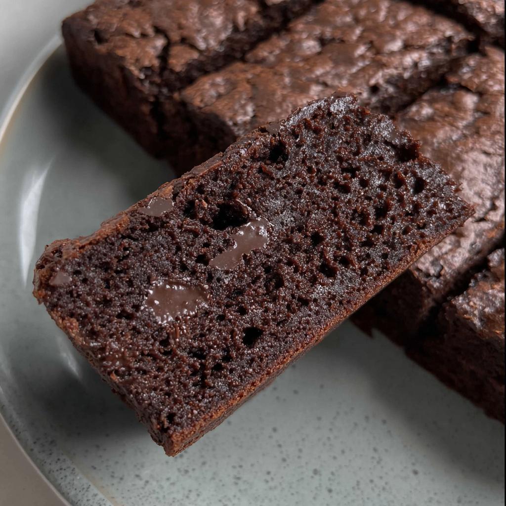 A close-up view of a moist Greek yogurt brownie slice with visible chocolate chips.