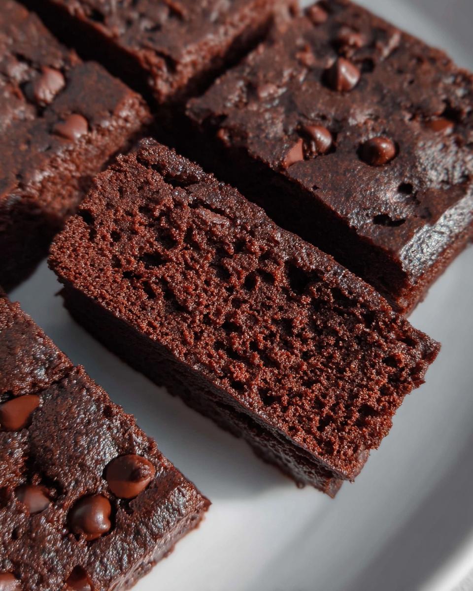 Close-up of moist chocolate Greek Yogurt Brownies studded with chocolate chips on a white plate.