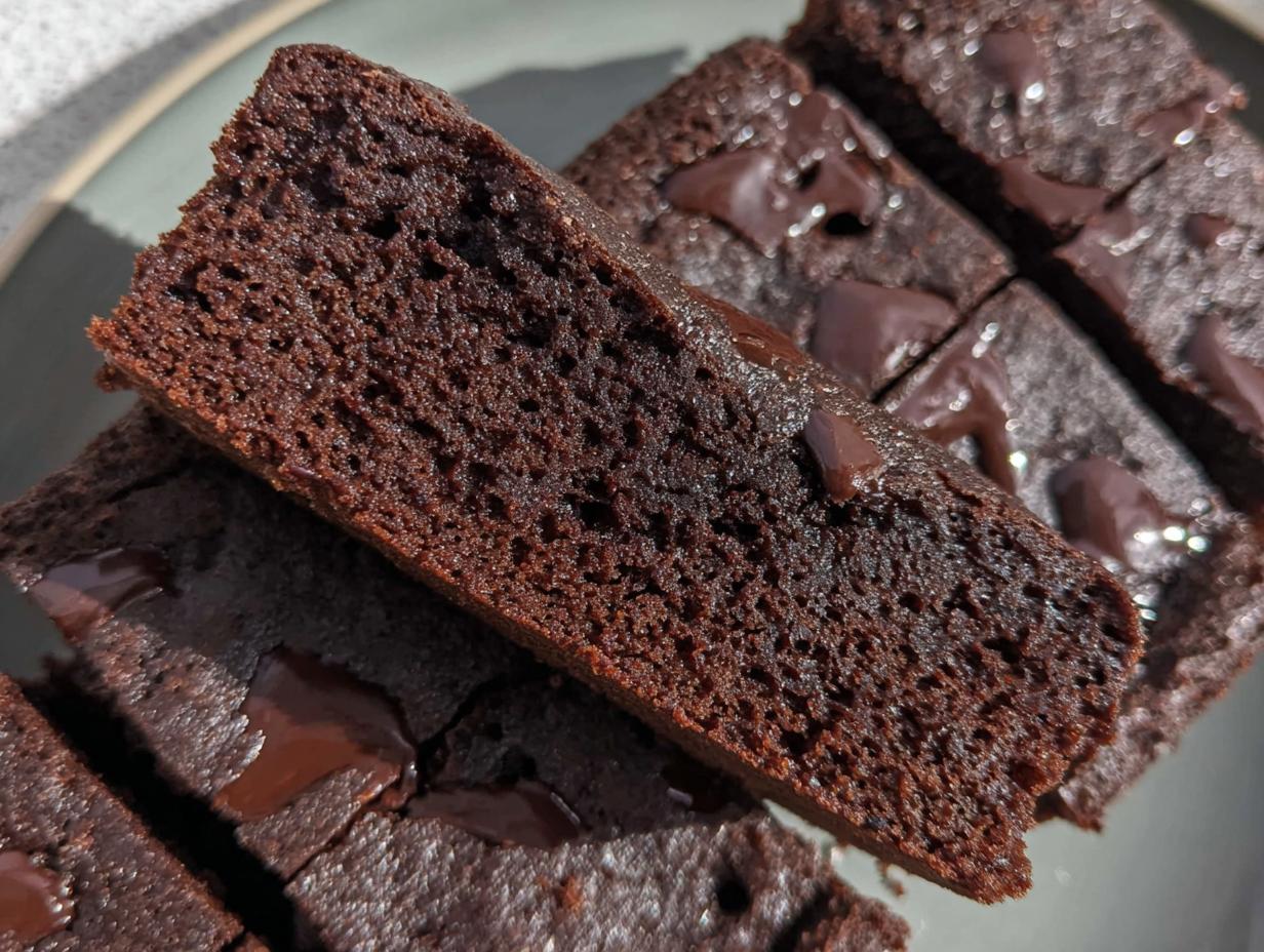 Close-up of moist Greek Yogurt Brownies with visible chocolate chips, showcasing a rich chocolate texture.