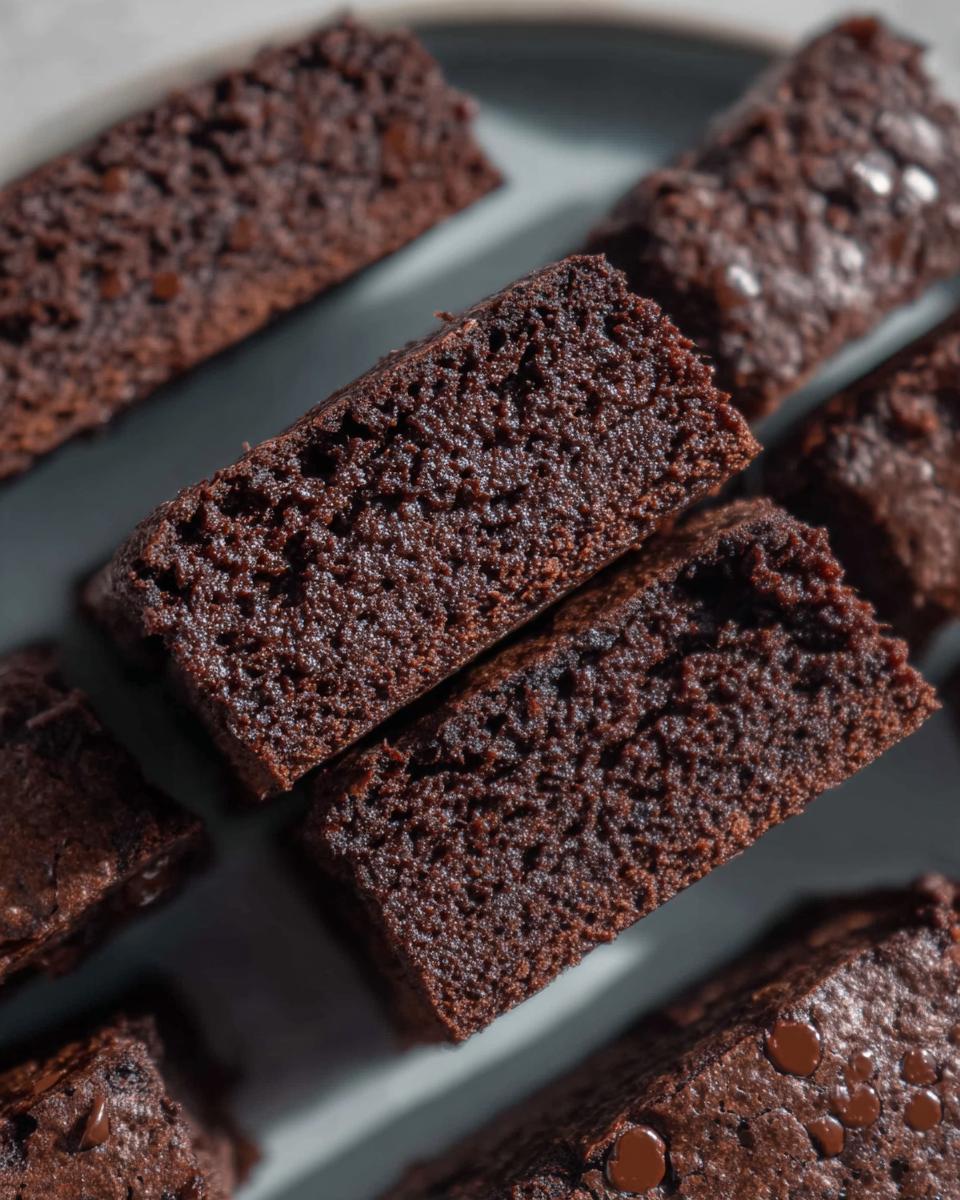 Close-up of moist and rich Greek Yogurt Brownies, showing their tender crumb and chocolatey texture.