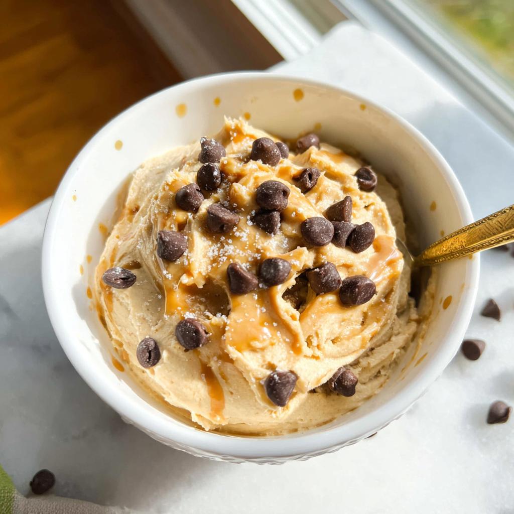 A bowl of creamy Greek yogurt cookie dough topped with chocolate chips and a caramel drizzle.