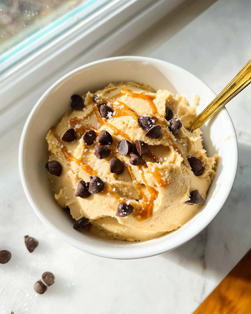 A bowl of Greek Yogurt Cookie Dough topped with chocolate chips, caramel drizzle, and sea salt.