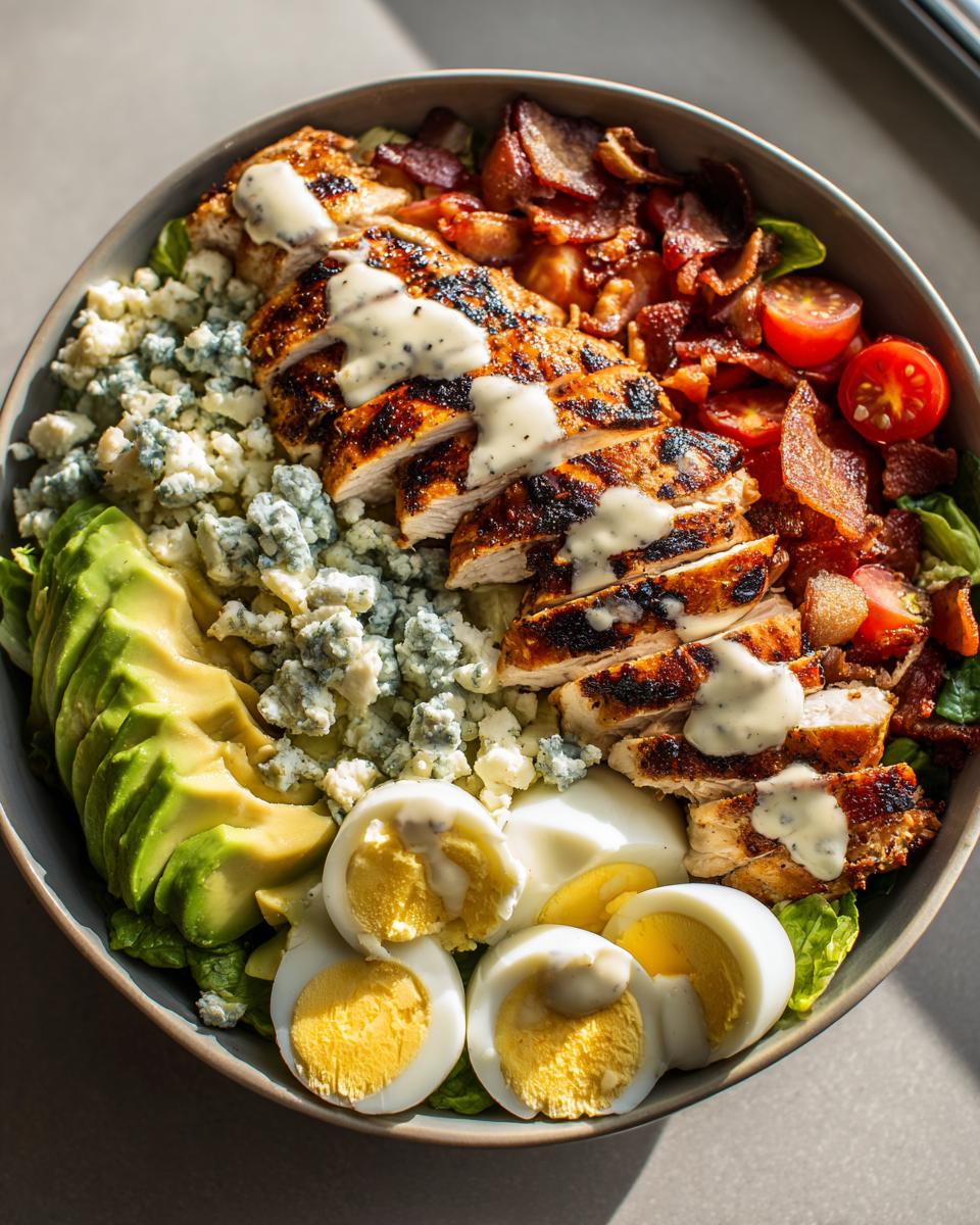 A vibrant Summer Salad Recipe for Grilled Chicken Cobb Bowl, featuring grilled chicken, avocado, blue cheese, bacon, tomatoes, and hard-boiled eggs.