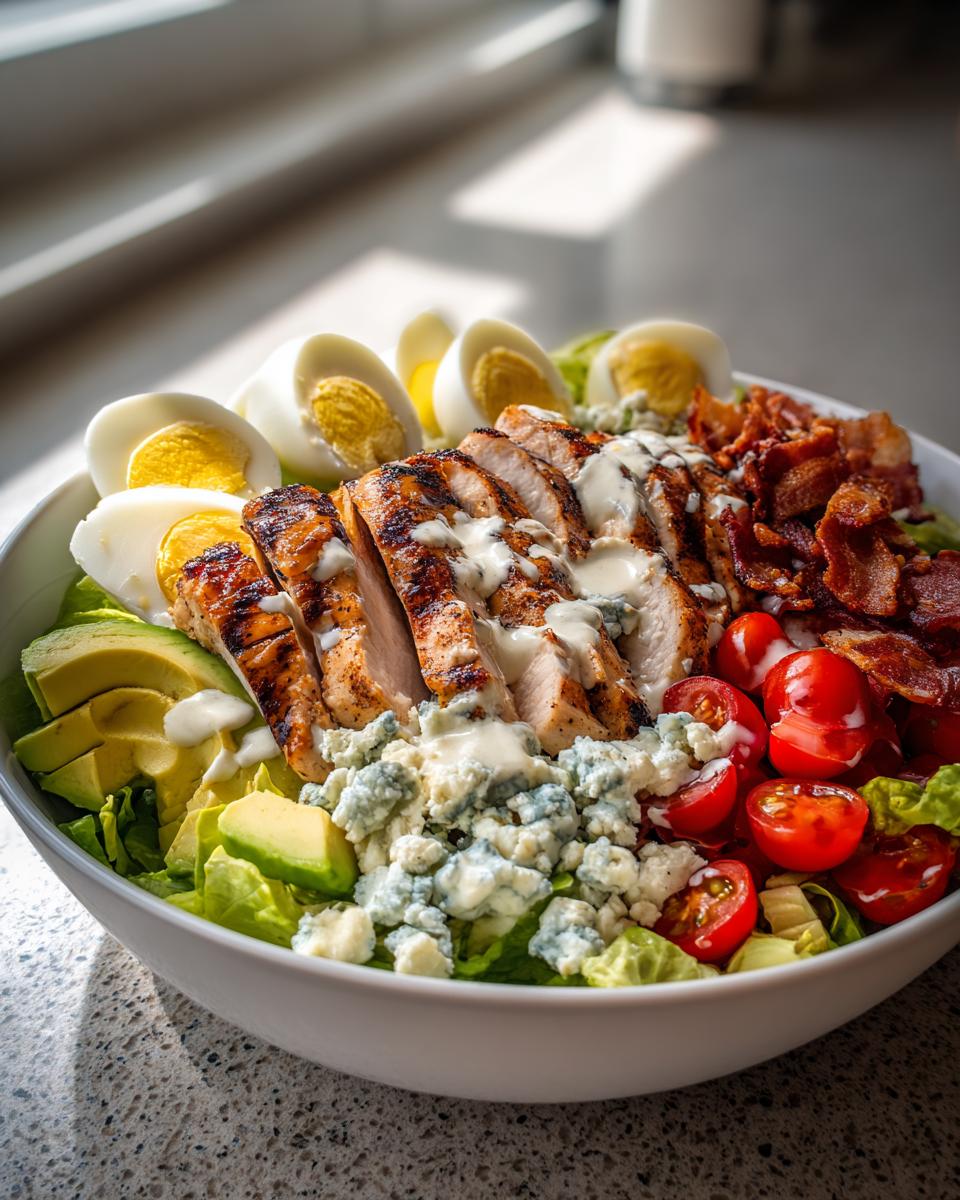 A delicious grilled chicken Cobb salad bowl with avocado, hard-boiled eggs, bacon, tomatoes, and blue cheese, part of summer salad recipes.