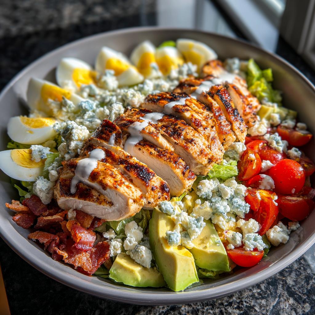 A delicious grilled chicken Cobb salad bowl with avocado, tomatoes, blue cheese, bacon, and hard-boiled eggs.