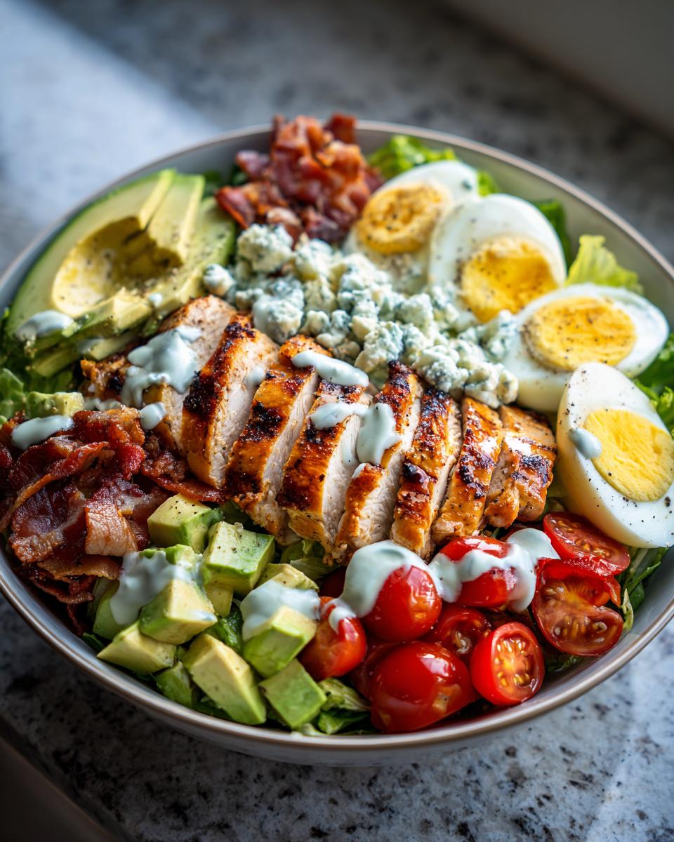 A delicious grilled chicken Cobb salad bowl with avocado, bacon, eggs, tomatoes, and blue cheese.