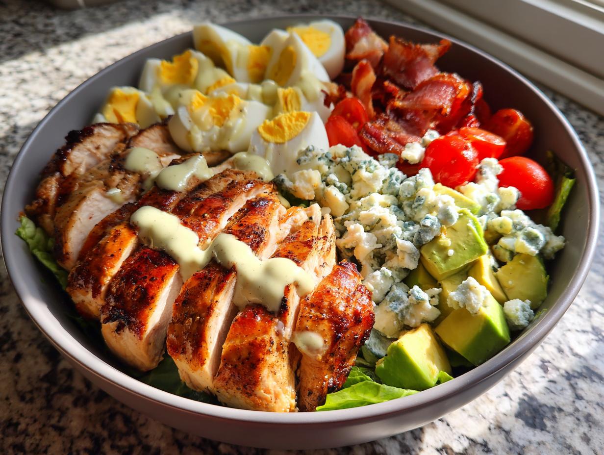 A delicious grilled chicken cobb salad bowl with avocado, blue cheese, bacon, tomatoes, and hard-boiled eggs.