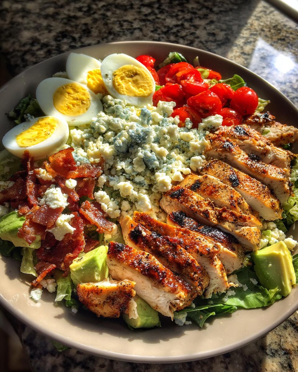 A delicious grilled chicken Cobb salad with avocado, bacon, blue cheese, hard-boiled eggs, and tomatoes.