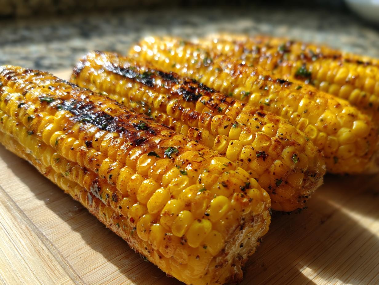 Close-up of grilled corn on the cob with visible seasoning and char marks, part of grilling recipes that make corn on the cob taste better.