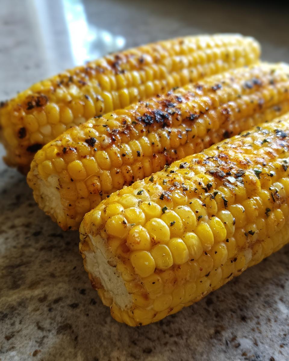 Close-up of three ears of grilled corn on the cob, seasoned with herbs and spices.