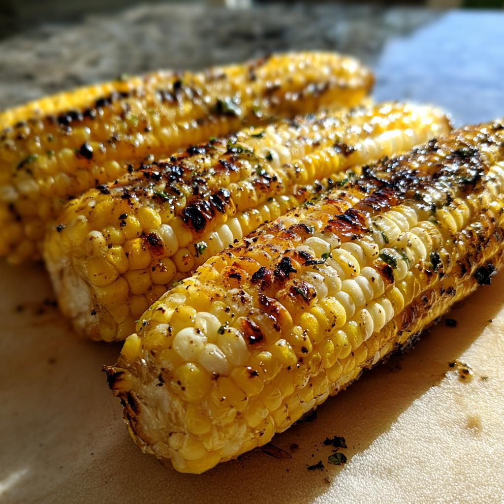 Close-up of three ears of grilled corn on the cob, seasoned with herbs and spices, showcasing grill marks.
