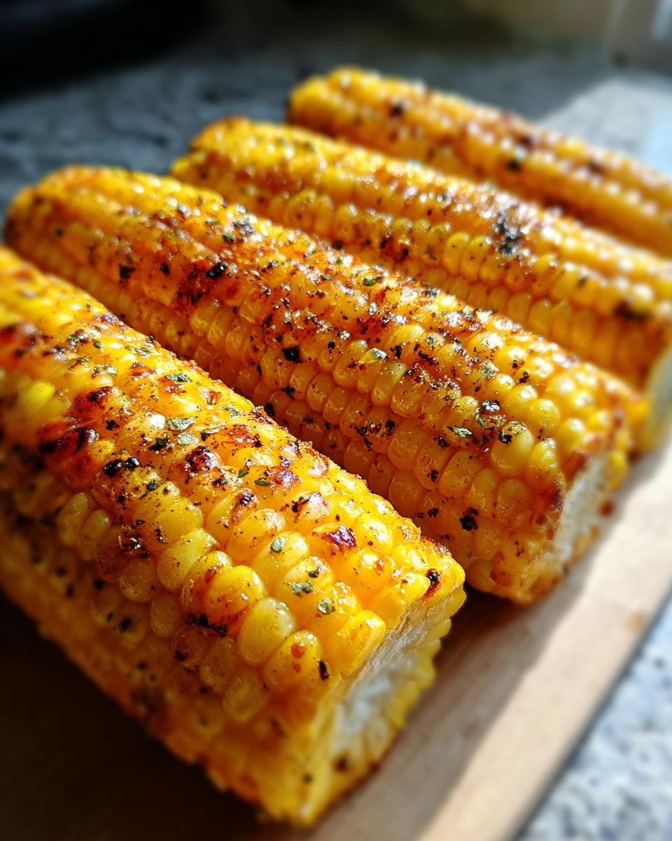 Close-up of grilled corn on the cob, seasoned with spices and herbs, ready to eat.