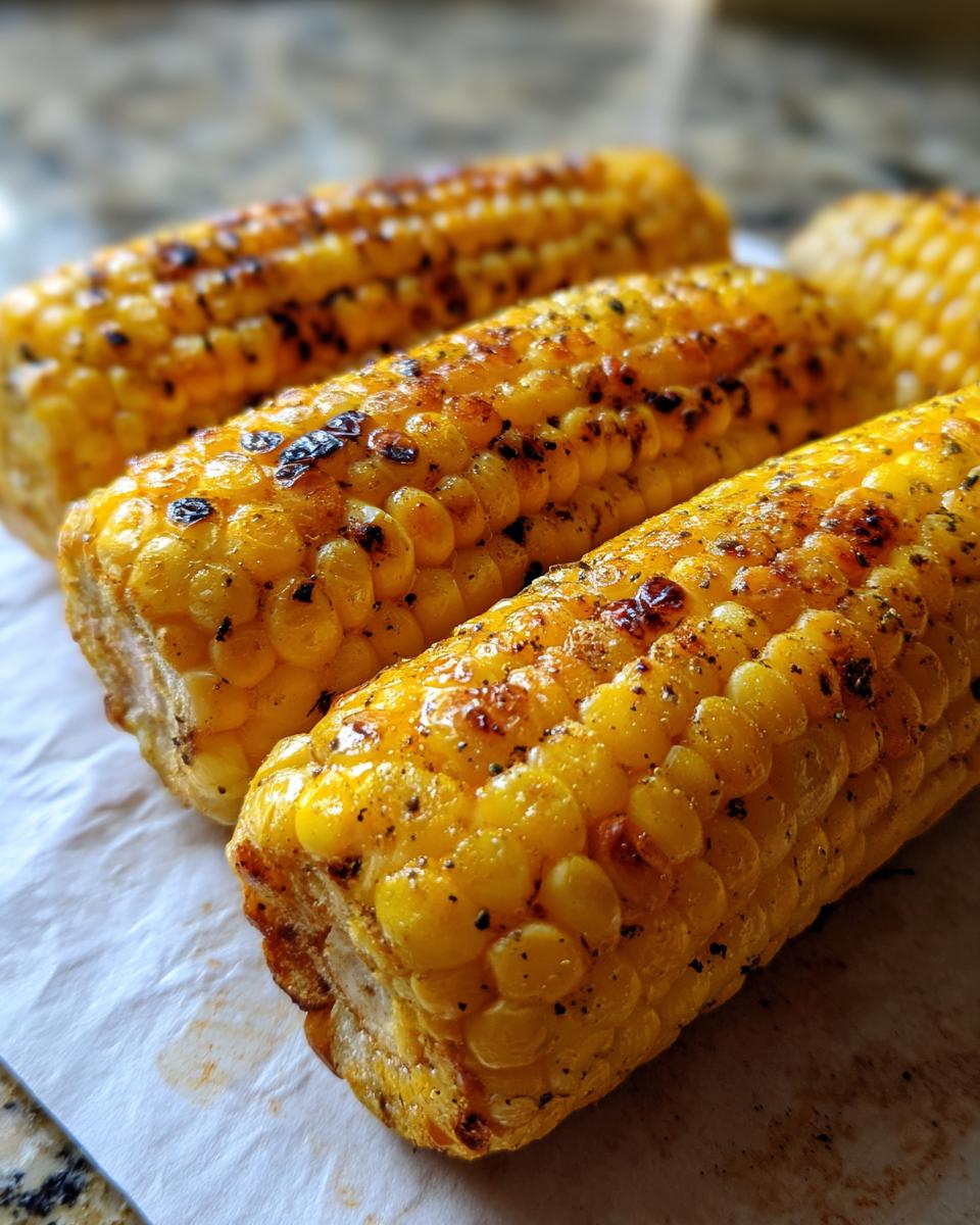 Close-up of perfectly grilled corn on the cob, seasoned with spices and showing char marks.