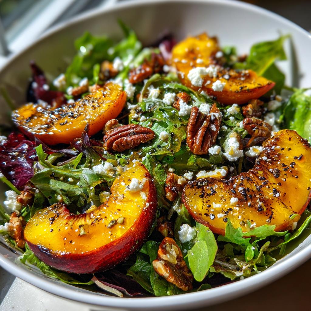 Close-up of a vibrant grilled peach salad with crumbled feta cheese, pecans, and mixed greens, drizzled with honey dressing.