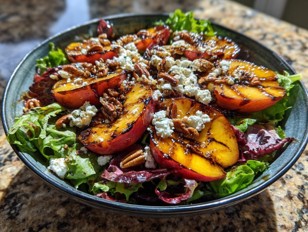 Close-up of a grilled peach salad with crumbled feta cheese, pecans, and a honey dressing.