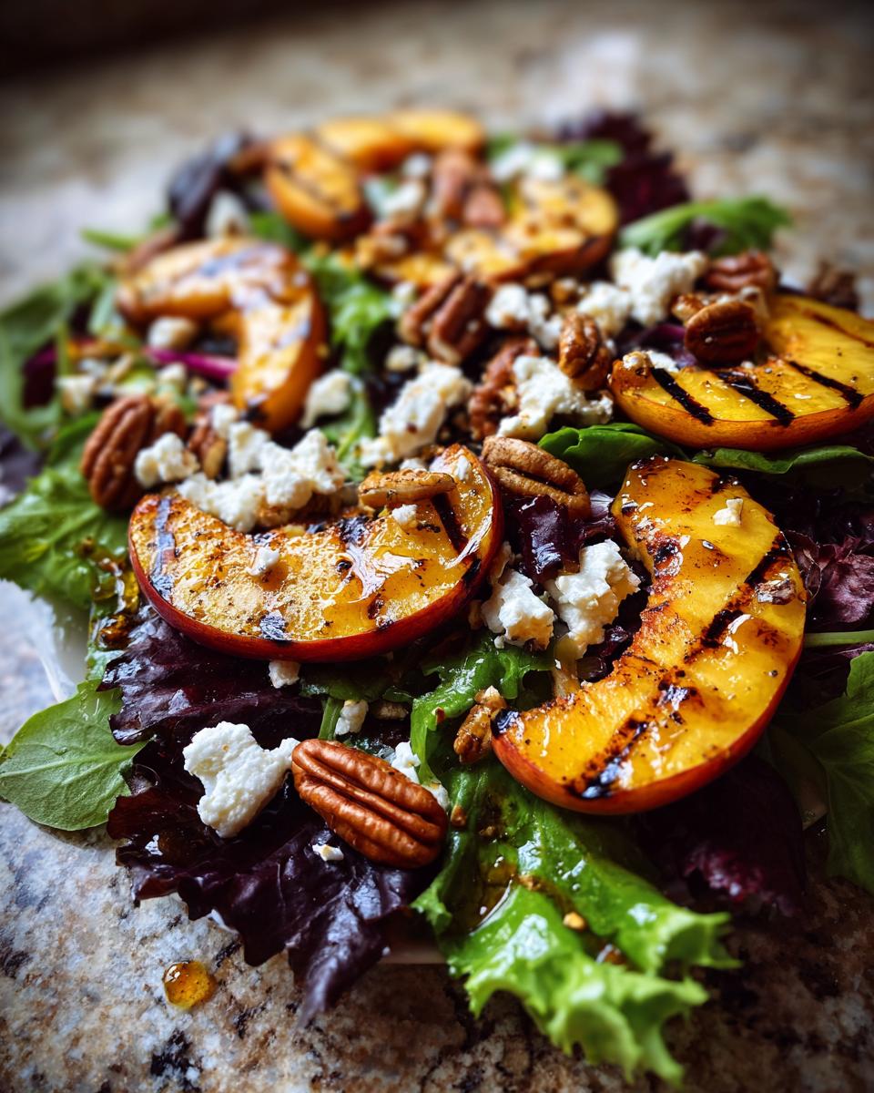 Close-up of a refreshing grilled peach salad with pecans, feta cheese, and a honey dressing.