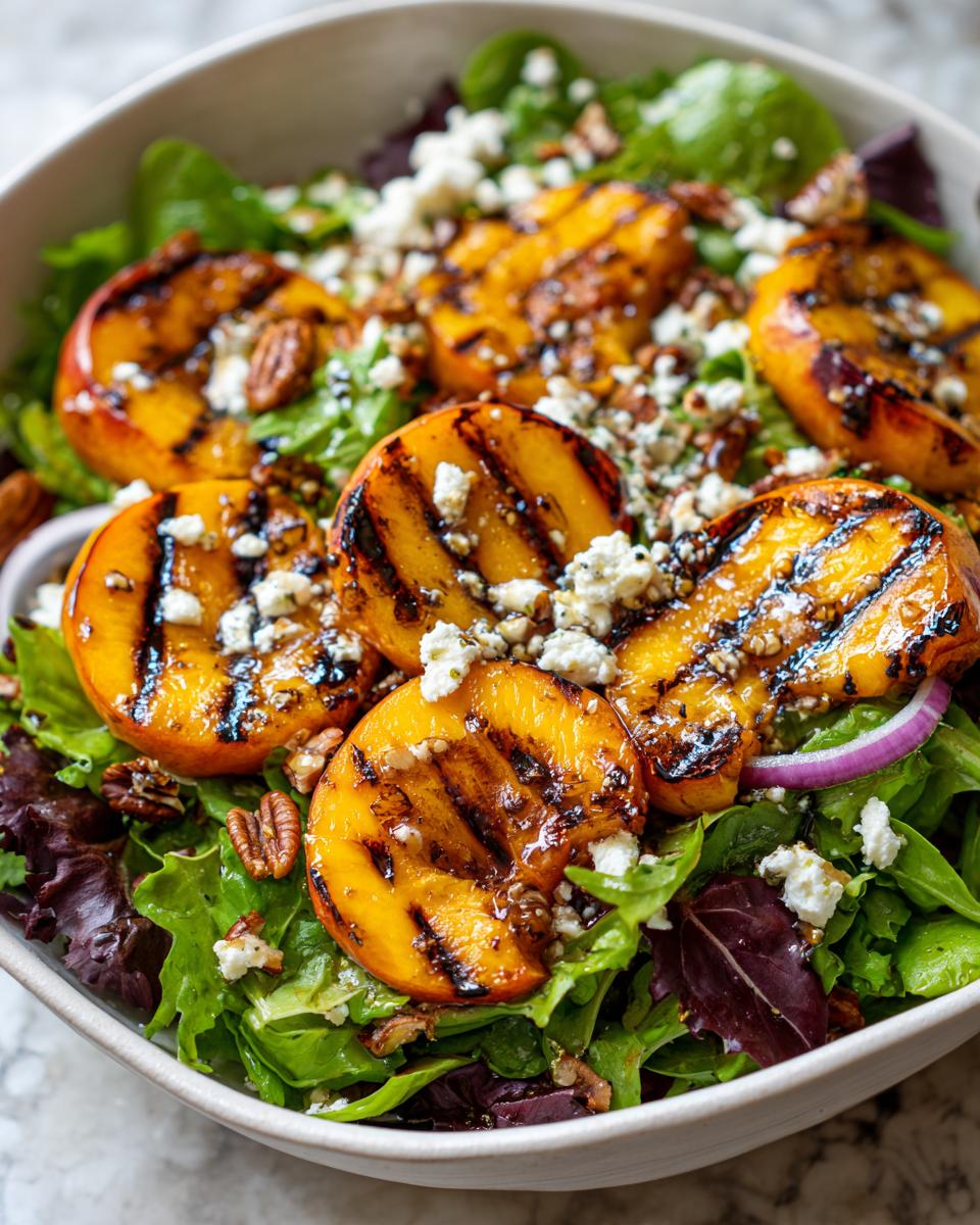 Close-up of a vibrant grilled peach salad with crumbled feta, pecans, and a honey dressing.