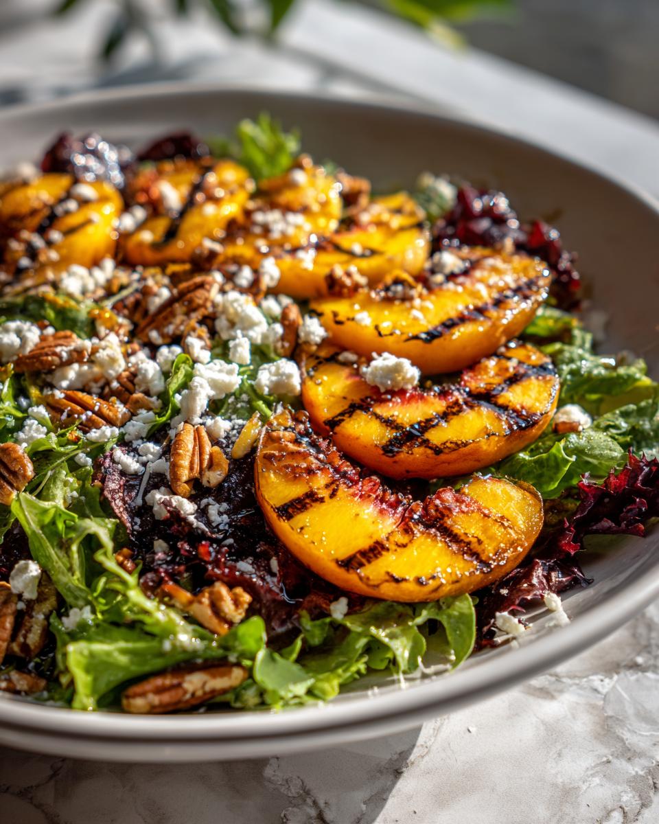 A close-up of a vibrant grilled peach salad with feta cheese, pecans, and a honey dressing.