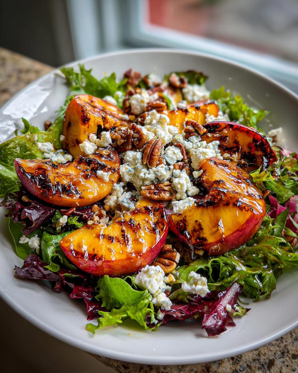 A refreshing grilled peach salad with mixed greens, crumbled blue cheese, pecans, and a honey dressing.