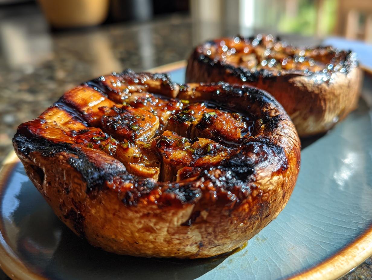 Close-up of two juicy grilled portobello mushrooms, glistening with marinade, on a rustic plate. Part of easy grilling recipes.