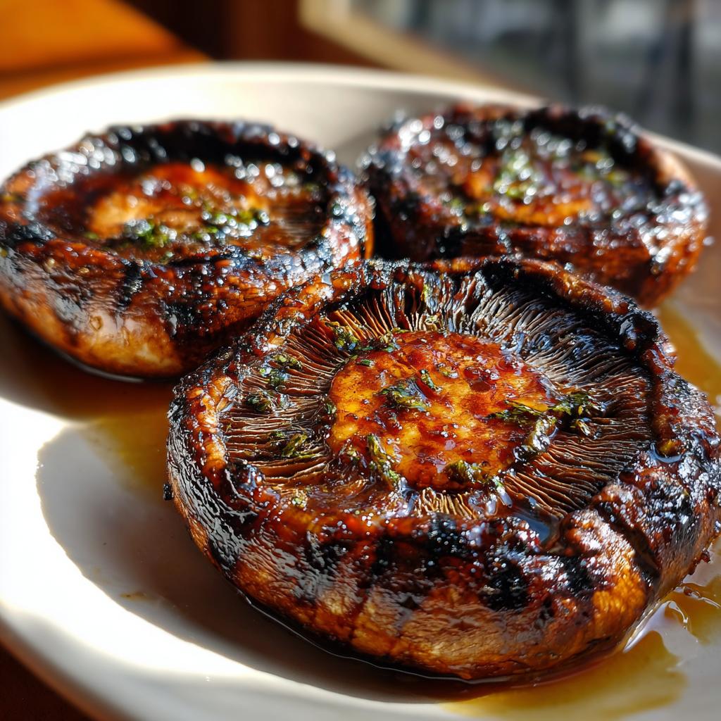 Close-up of three perfectly grilled portobello mushrooms, glistening with marinade and herbs.