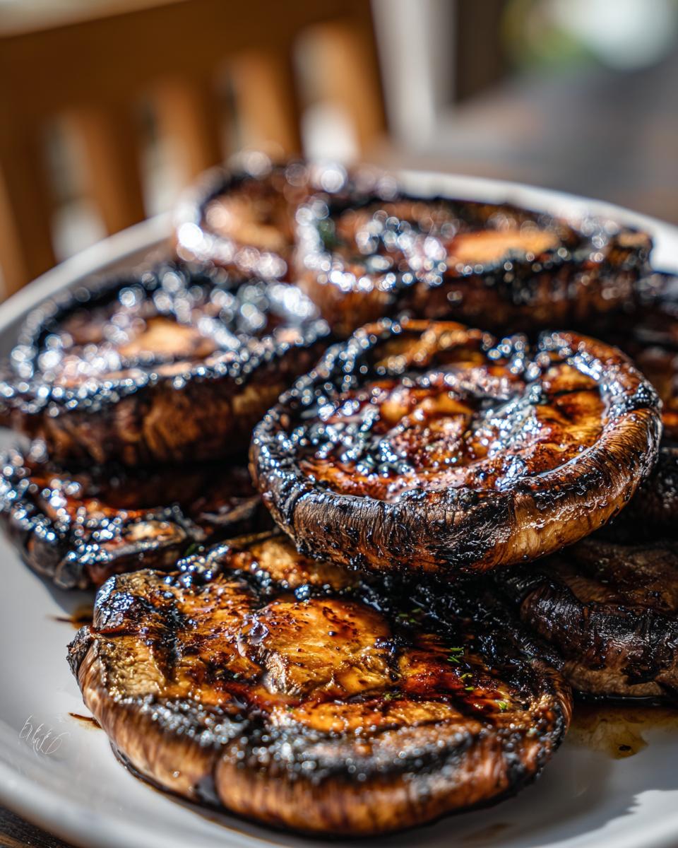 A close-up of perfectly grilled portobello mushrooms, glistening with marinade, ready for an easy outdoor meal.
