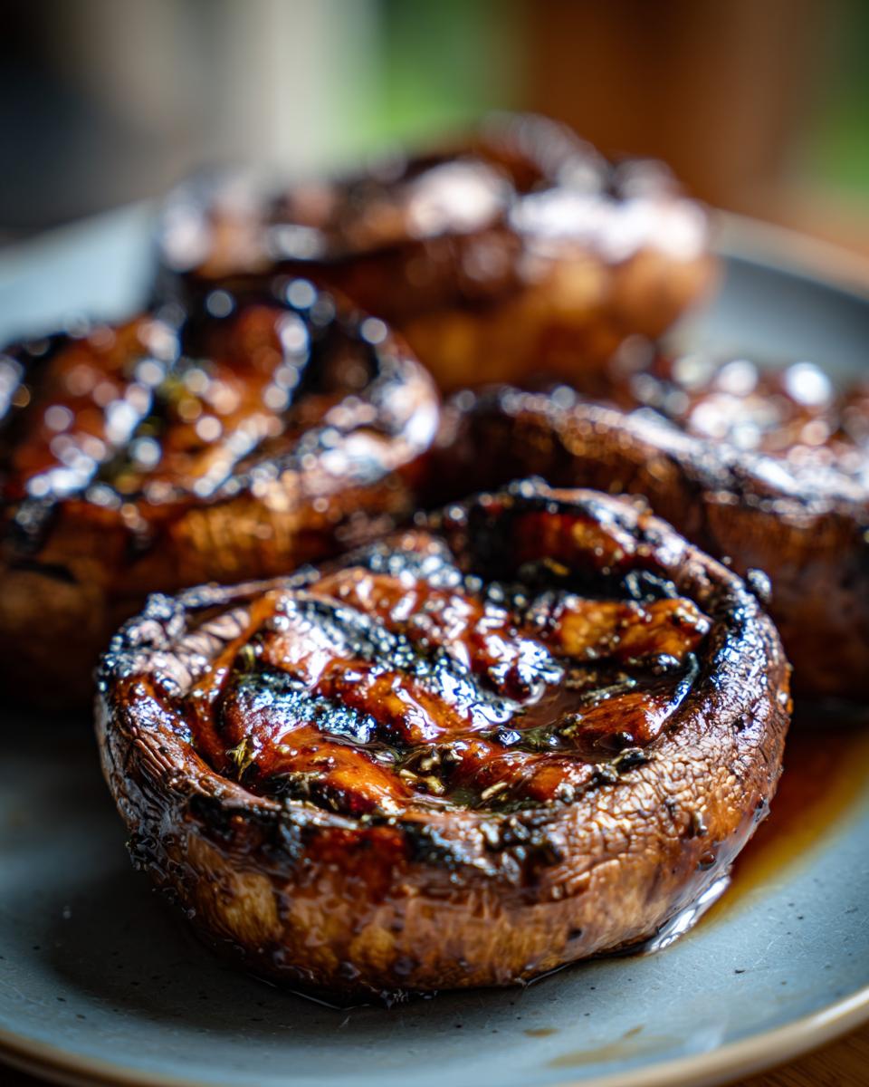 Close-up of grilled portobello mushrooms with a glossy glaze, ready for a meal.