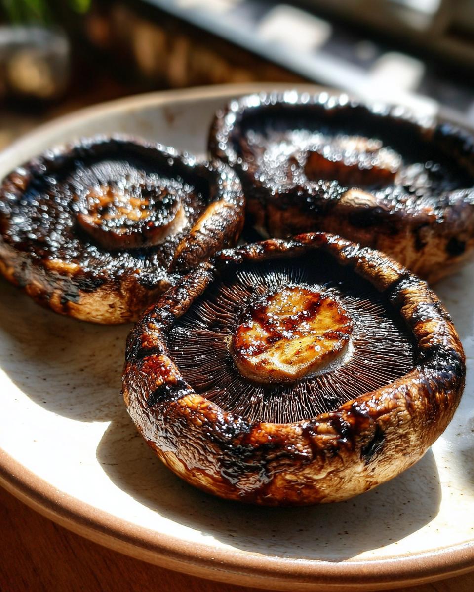Close-up of three perfectly grilled portobello mushrooms with grill marks, ready for an easy outdoor meal.