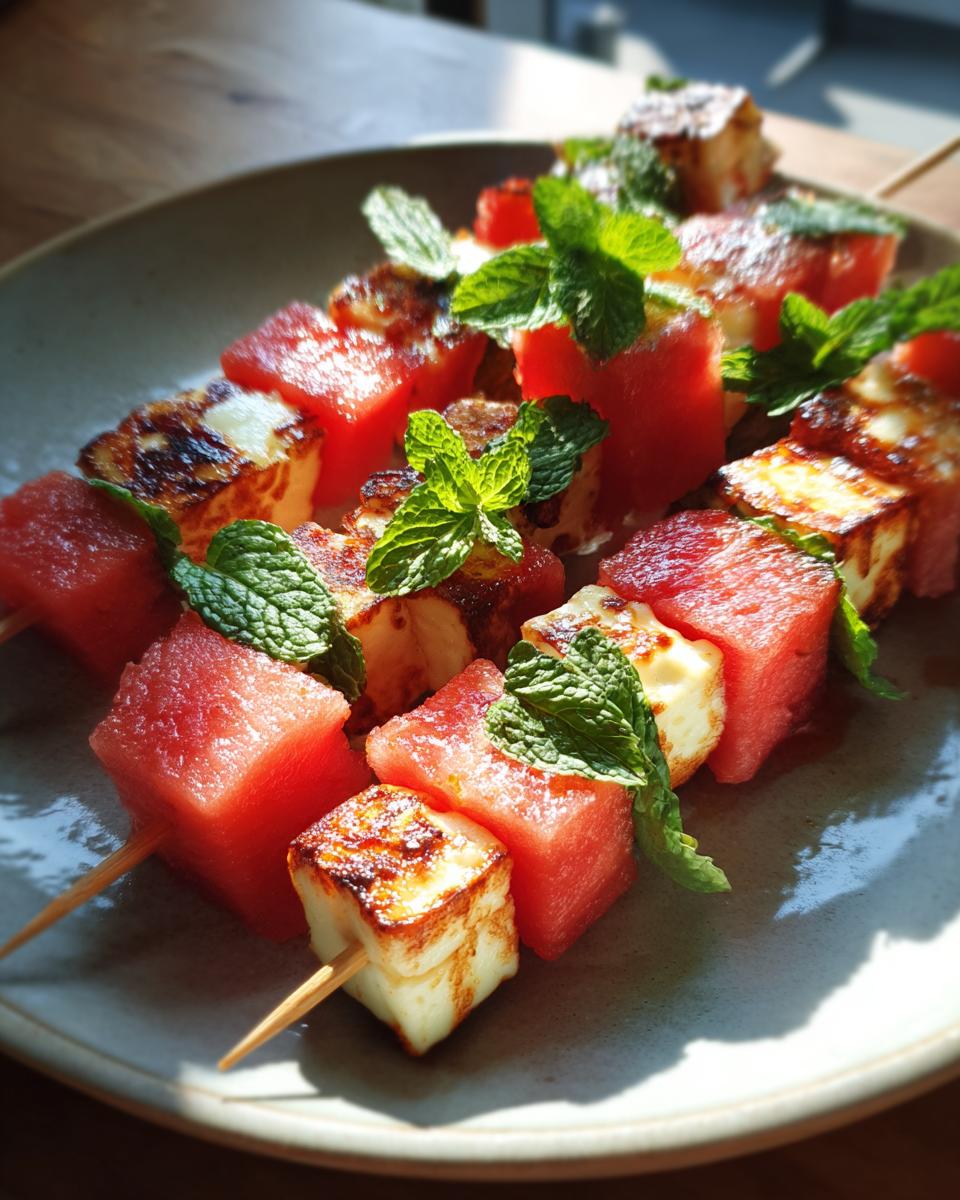 Close-up of grilled watermelon and halloumi cheese skewers, garnished with fresh mint leaves.
