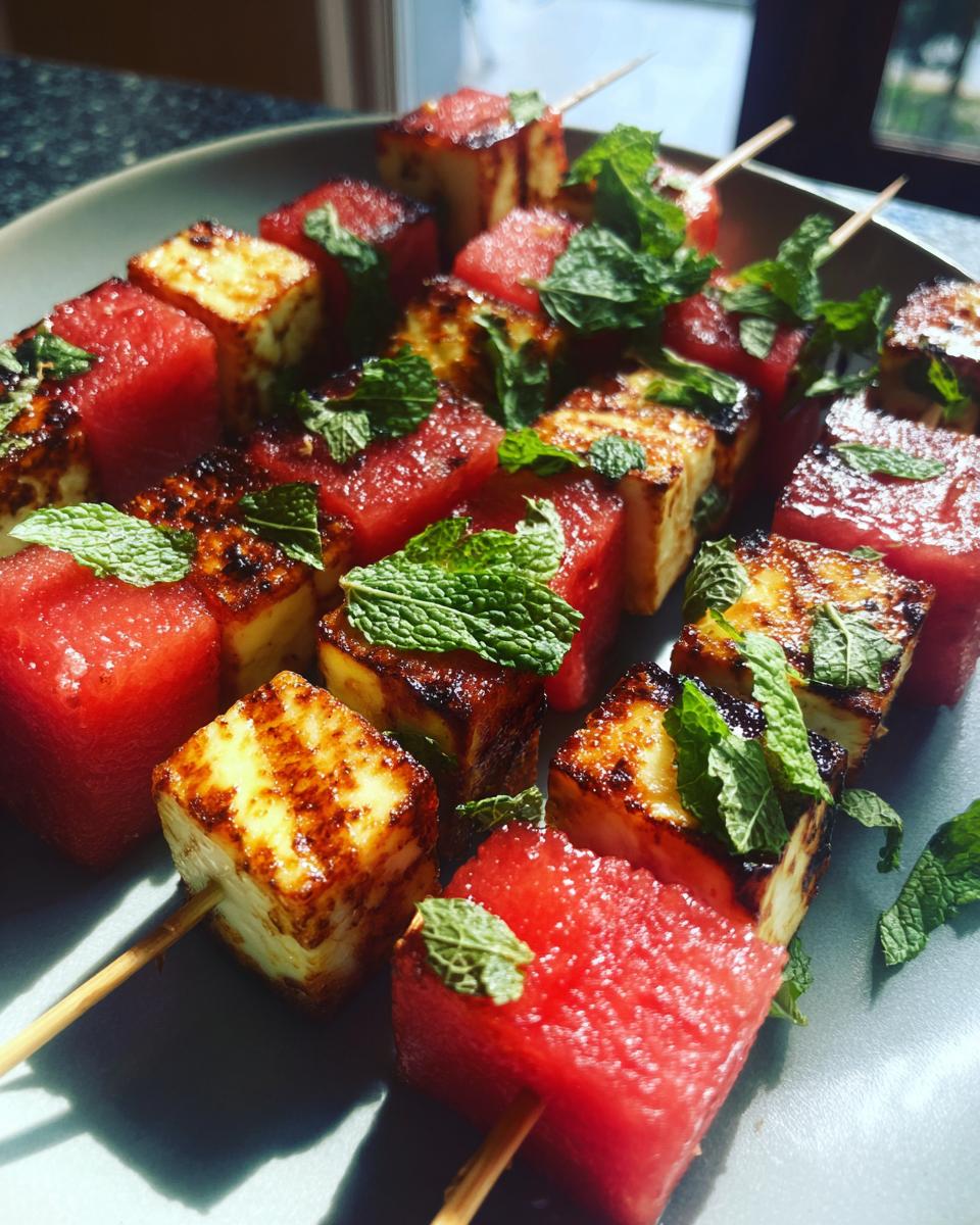 Close-up of grilled watermelon and halloumi cheese skewers garnished with fresh mint.