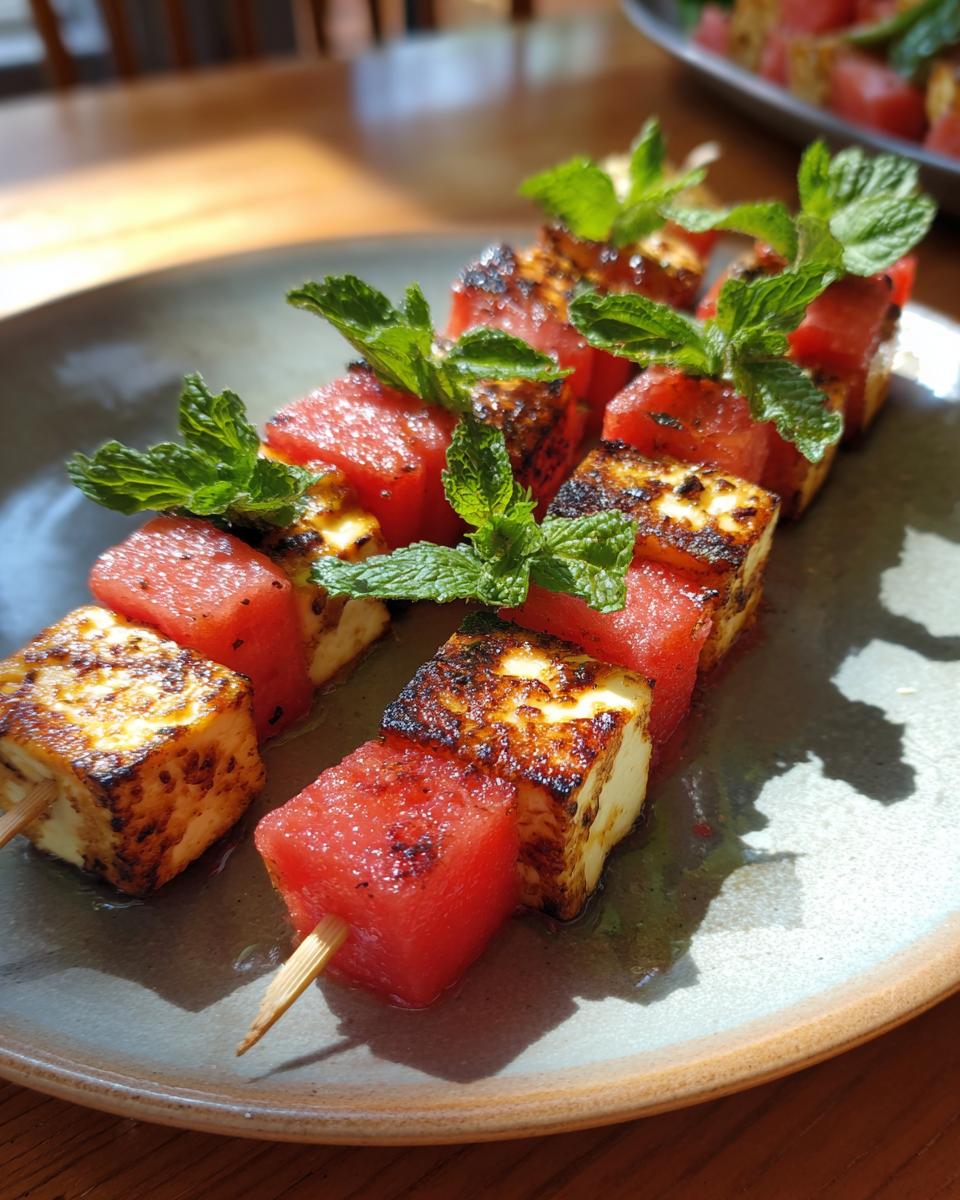Close-up of grilled watermelon and halloumi cheese skewers garnished with fresh mint leaves.