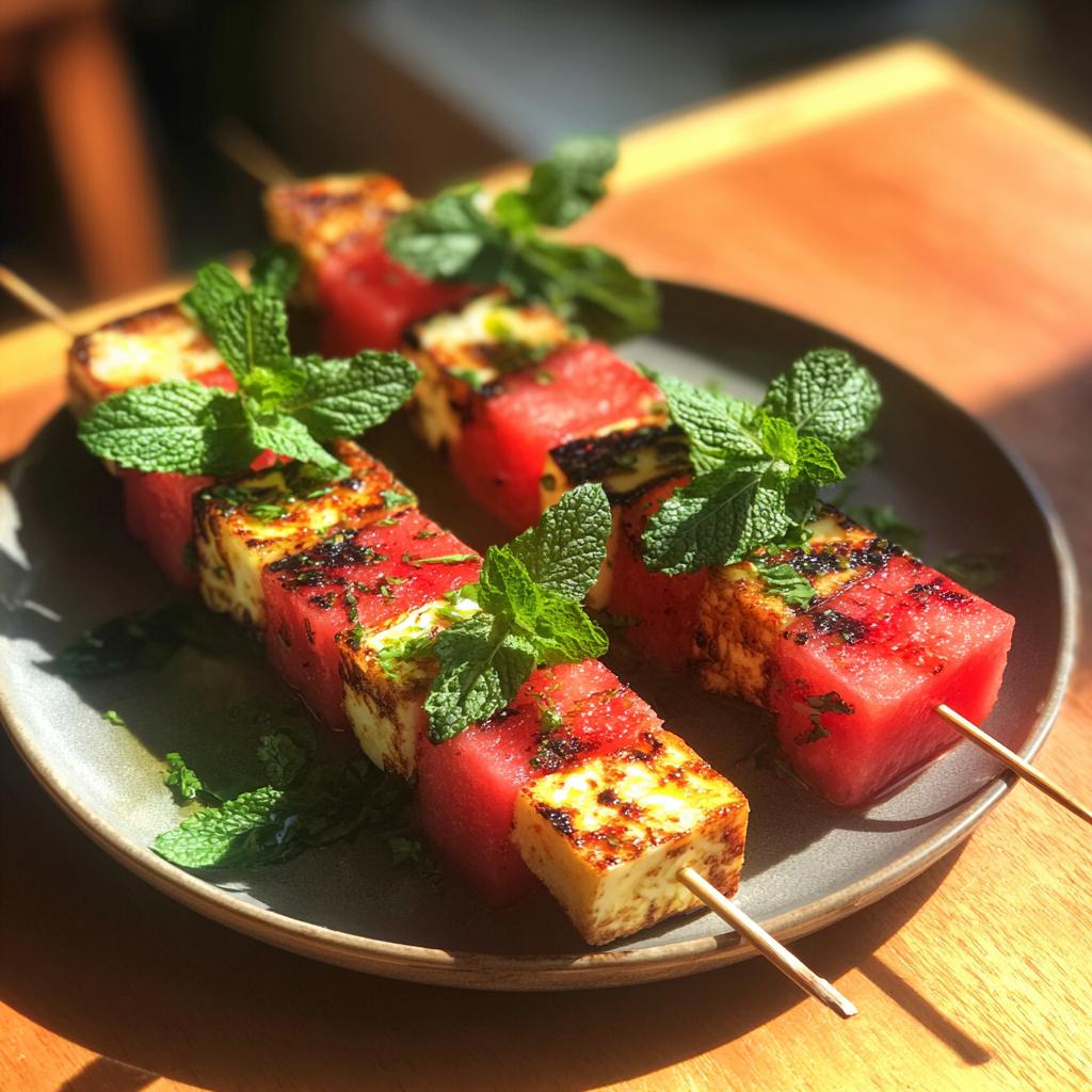 Close-up of grilled watermelon and halloumi cheese skewers, garnished with fresh mint leaves.