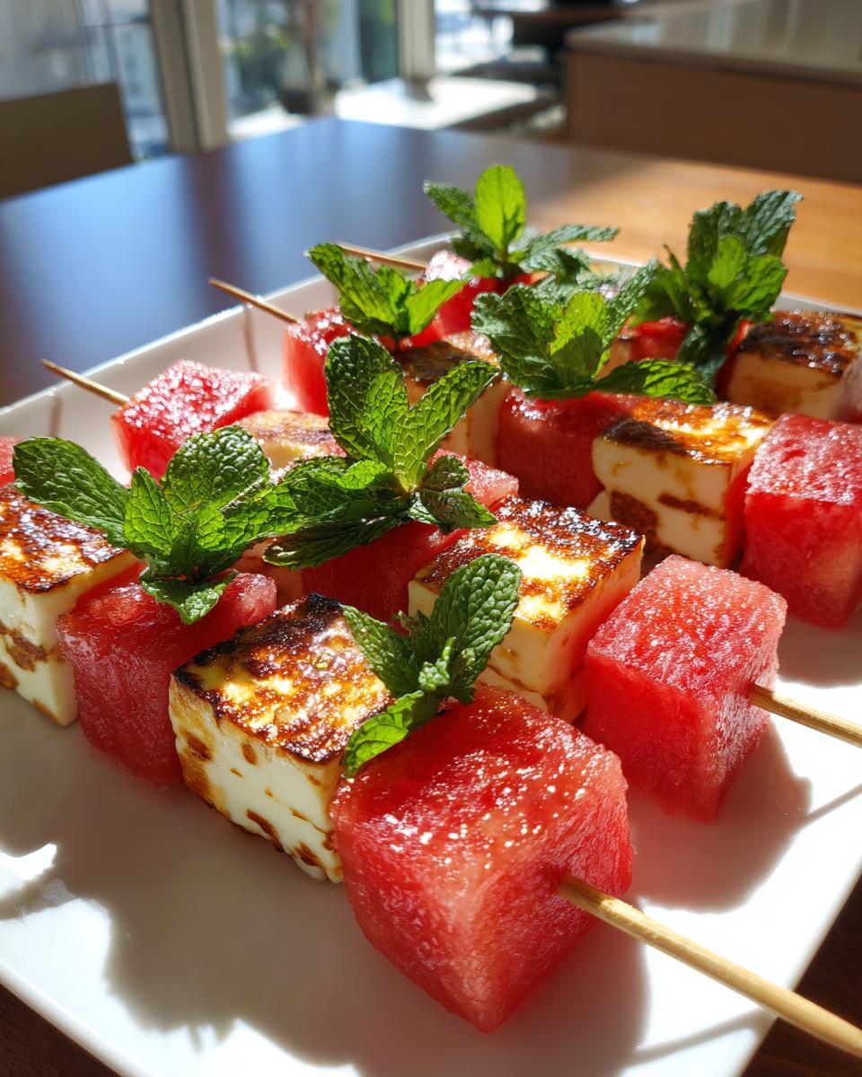 Close-up of grilled watermelon and halloumi cheese skewers garnished with fresh mint.